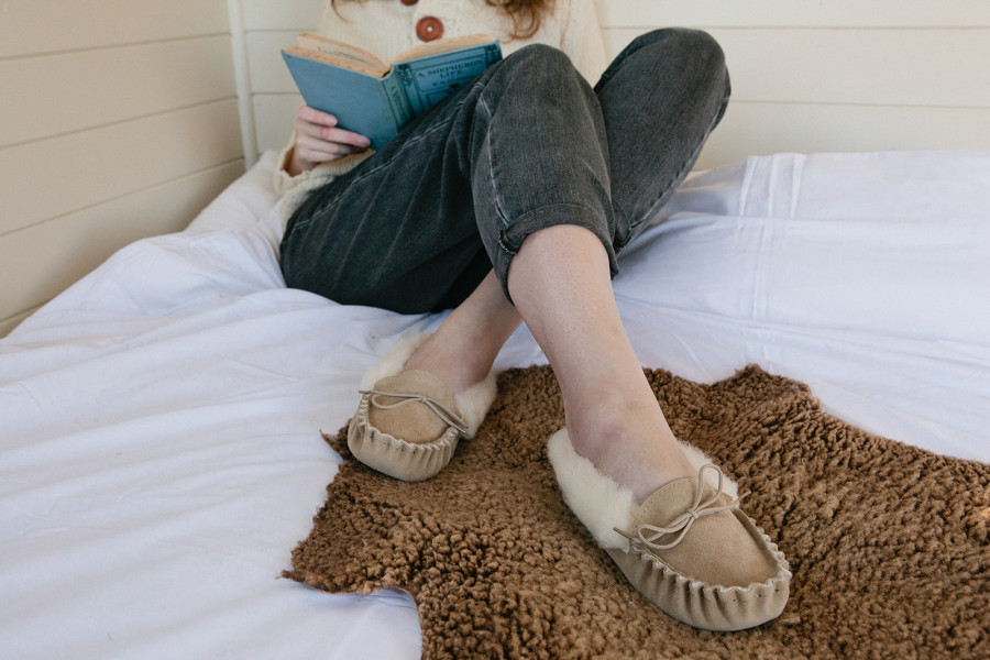 Handmade Natural Wool Lined Suede Moccasins With Soft Sole Ladies Adult Size 3